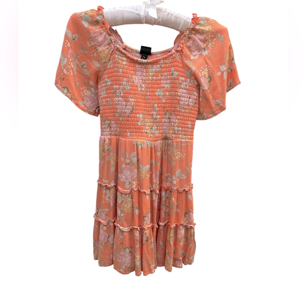 Art Class Girls Floral Smocked Peasant Dress  - Coral / Pink - Size M
